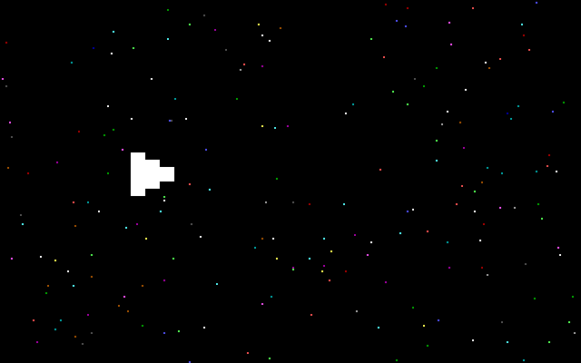 Screenshot of a pixellated space ship and colourful stars