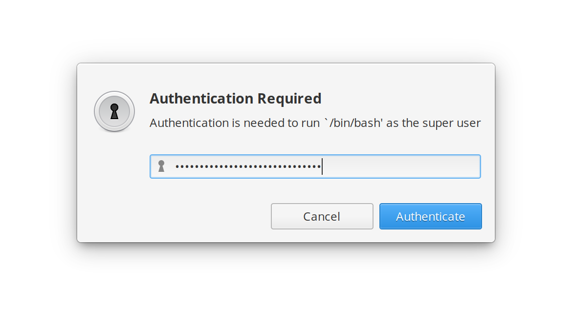 Screenshot of graphical sudo prompt “Authentication required: Authentication is needed to run /bin/bash as the super user”